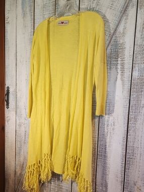 LOVE TOKEN S Yellow Fringe Hem Linen Cardigan Boho Festival Hippie